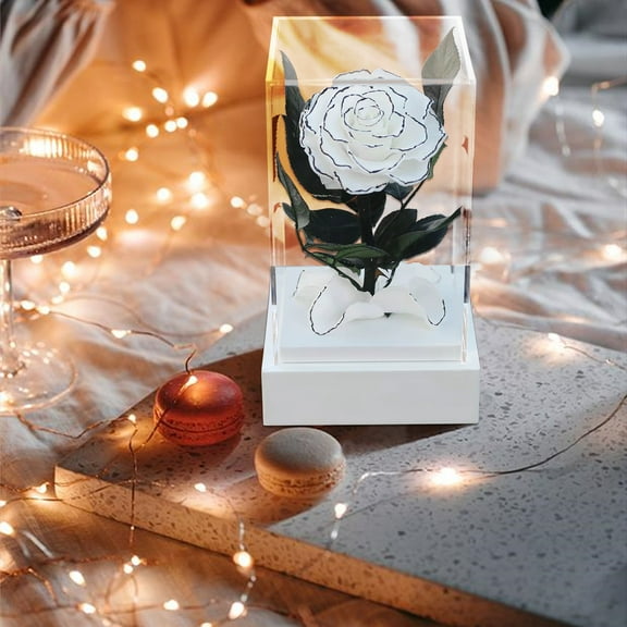 Wovilon Preserved Rose Enchanted White Rose in Acrylic Cuboid Box, Romantic Home Decor Gifts for Women Valentines Day Christmas Mothers Day Wedding Anniversary Birthday