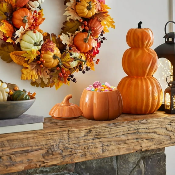 Wovilon Pumpkins Jar With Cover Ceramic Pumpkins Shapes Tea Canister Portable Candy Jar Tank Can Candy Bowl Snack Thanksgiving Halloween Party Candlestick