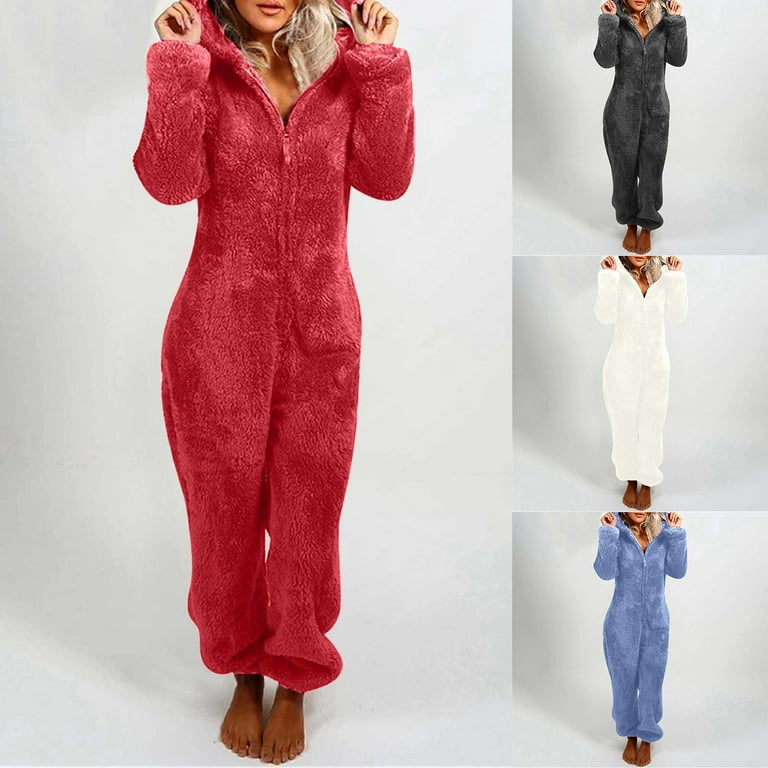 Wovilon Rossa Women s Warm Fleece Hooded Footed Zipper Pajamas Soft Adult Onesie Footie with Hood for Winter