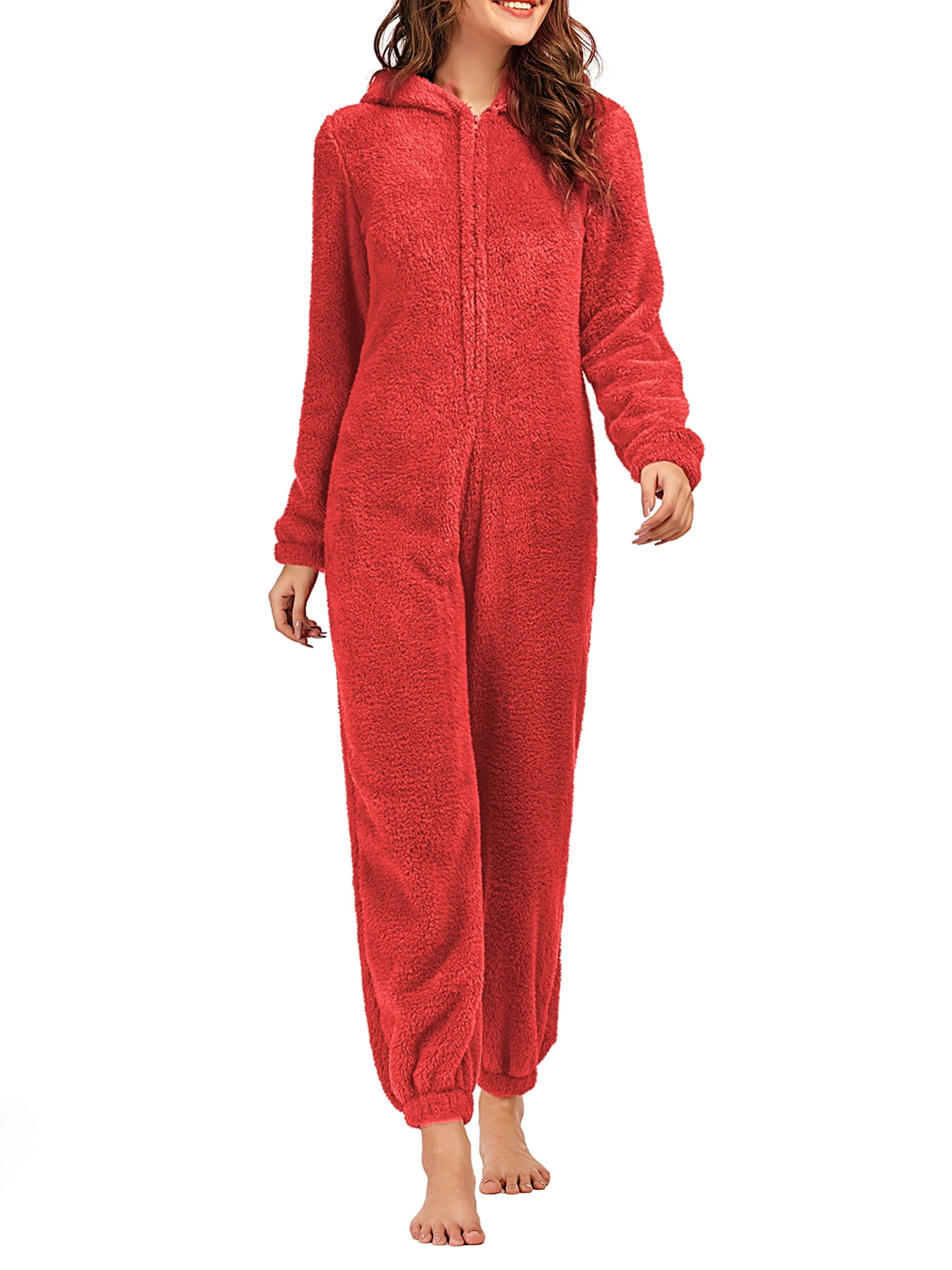 Wovilon Rossa Women's Warm Fleece Hooded Footed Zipper Pajamas Soft ...