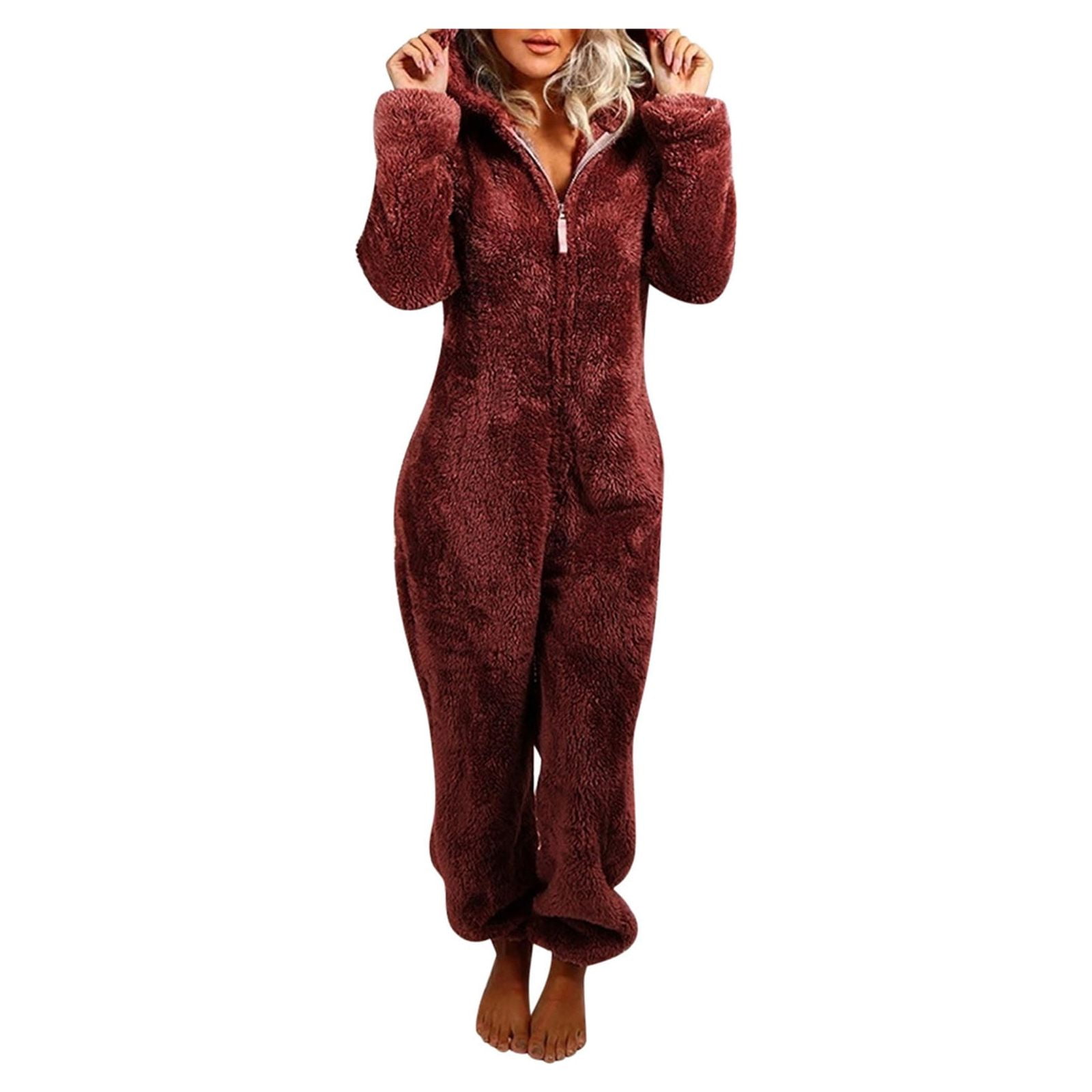 Wovilon Rossa Womens Warm Fleece Hooded Footed Zipper Pajamas Soft