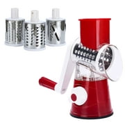 Wovilon Rotary Cheese Grater Cheese Shredder (Red)- Cambom Kitchen Manual Cheese Grater with Handle Vegetable Slicer Nuts Grinder 3 Replaceable Drum Blades and Strong Suction Cleaning Brush