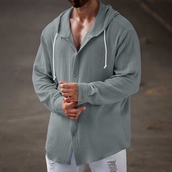 Wovilon Summer Casual Relaxed Fit Hooded Button Down Shirt for Men, Lightweight Textured Long Sleeve Top with Drawstring Hood, Versatile Vacation Outdoor Outfit