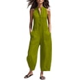 thumbnail image 1 of Wovilon Summer Casual Sleeveless Collared Button Front Wide Leg Jumpsuit for Women, Relaxed Loose Fit Cotton Linen Blend One Piece with Pockets Vacation Travel Outfit, 1 of 5