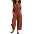 thumbnail image 1 of Wovilon Summer Casual Sleeveless Collared Button Front Wide Leg Jumpsuit for Women, Relaxed Loose Fit Cotton Linen Blend One Piece with Pockets Vacation Travel Outfit, 1 of 5