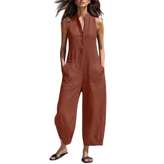 Wovilon Summer Casual Sleeveless Collared Button Front Wide Leg Jumpsuit for Women, Relaxed Loose Fit Cotton Linen Blend One Piece with Pockets Vacation Travel Outfit