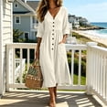 thumbnail image 1 of Wovilon Summer Casual V Neck Half Sleeve Button Front Midi Dress for Women, Relaxed Fit Cotton Linen Dress with Pockets and Side Slits, Versatile Vacation Outfit, 1 of 6
