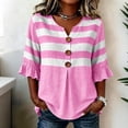 thumbnail image 1 of Wovilon Summer Casual V Neck Striped Blouse for Women, 3/4 Ruffle Sleeve Button Down Front with Pleated Detail, Relaxed Fit Everyday Vacation Outfit, 1 of 6