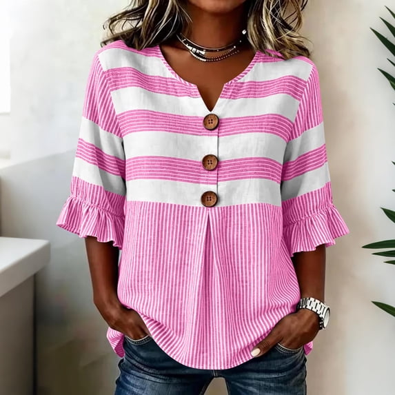 Wovilon Summer Casual V Neck Striped Blouse for Women, 3/4 Ruffle Sleeve Button Down Front with Pleated Detail, Relaxed Fit Everyday Vacation Outfit