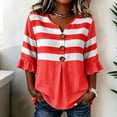 thumbnail image 1 of Wovilon Summer Casual V Neck Striped Blouse for Women, 3/4 Ruffle Sleeve Button Down Front with Pleated Detail, Relaxed Fit Everyday Vacation Outfit, 1 of 6