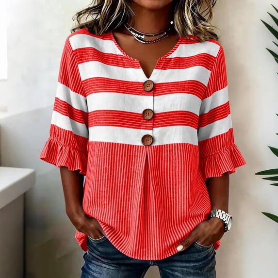 Wovilon Summer Casual V Neck Striped Blouse for Women, 3/4 Ruffle Sleeve Button Down Front with Pleated Detail, Relaxed Fit Everyday Vacation Outfit