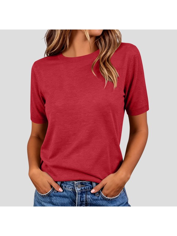 Summer Essential Knitted Crew Neck Short Sleeve Tee for Women, Relaxed Fit Solid Basic Top with Ribbed Cuffs for Everyday Casual and Work Wear