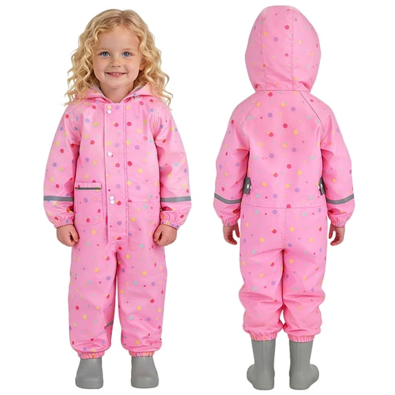 Wovilon Toddler Hooded Polka Dot Rain Coverall with Reflective Safety Strips and Elastic Cuffs, Waterproof Snap-Front Mud-Proof One-Piece Suit for Kids Outdoor Play and Rainy Days