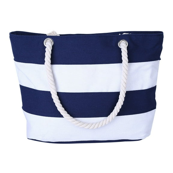 Wovilon Tropical Summer Striped Beach Bag for Women, Tote Bags Reusable Grocery Shoulder Bag with Zipper Pocket, 17.7" x 13" x 5.5", Navy