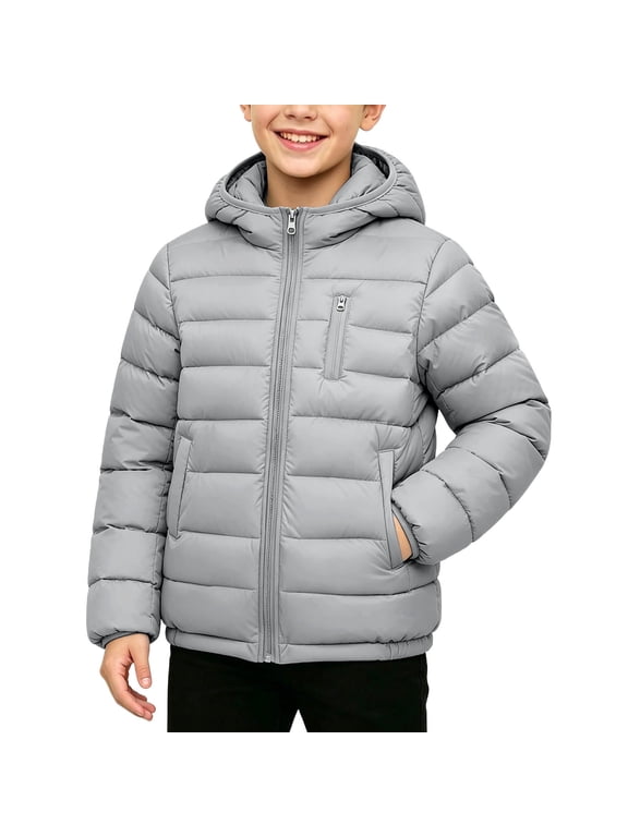 Unisex Kids' Hooded Puffer Jacket with Full Zip and Chest Pocket, Lightweight Solid Color Quilted Down Alternative, Warm Insulated Layer for Cold Weather