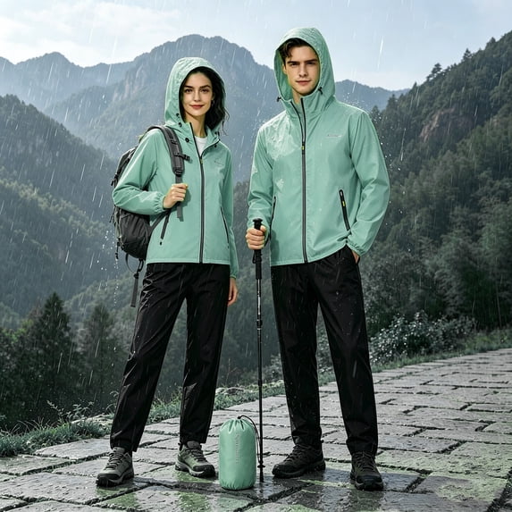 Wovilon Unisex Waterproof Hooded Rain Jacket and Pants Set, Full Zip Lightweight Windbreaker with Storage Bag, Breathable Stretchy Polyester Blend Rainwear