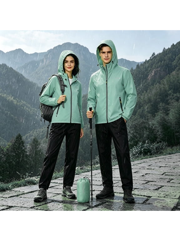 Unisex Waterproof Hooded Rain Jacket and Pants Set, Full Zip Lightweight Windbreaker with Storage Bag, Breathable Stretchy Polyester Blend Rainwear