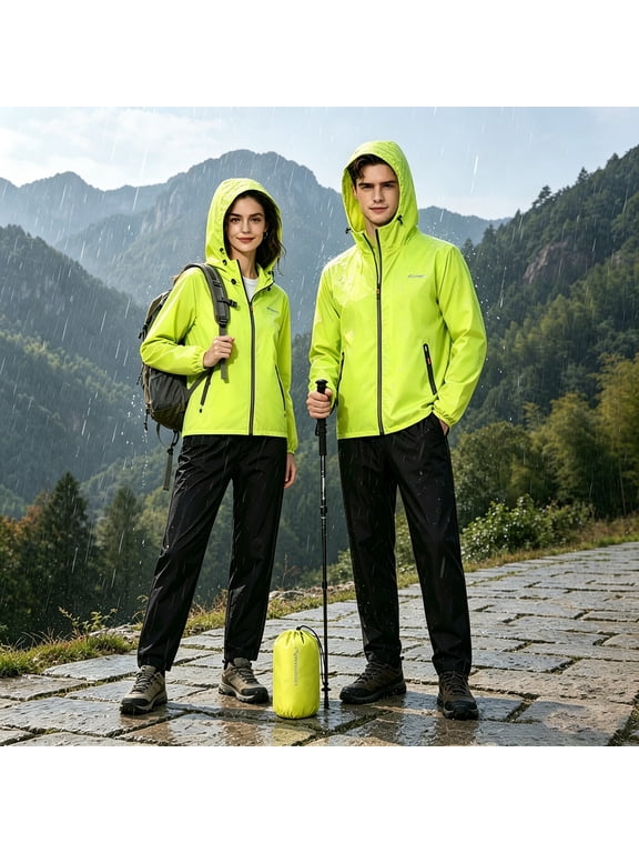 Unisex Waterproof Hooded Rain Jacket and Pants Set, Full Zip Lightweight Windbreaker with Storage Bag, Breathable Stretchy Polyester Blend Rainwear