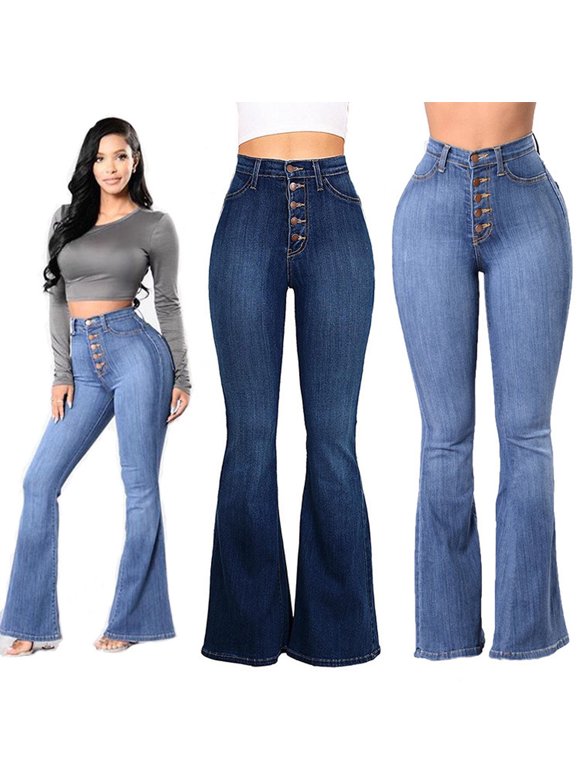 Flare Jeans, Bell Bottom Jeans for Women, Women Button Up Bell Bottom Jeans Ripped Flare Fitted Denim Pants Size