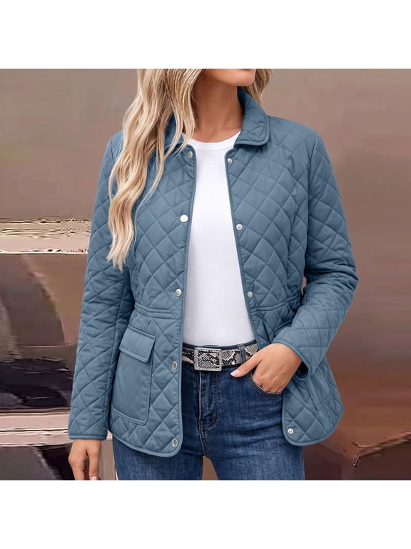 Women Diamond Quilted Jacket Snap Button Front Collared Lightweight Fall Coat with Pockets Hip Length Long Sleeve Outerwear Solid Color