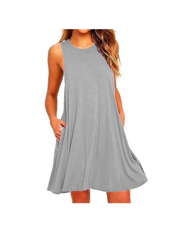 Women Sleeveless Dress with Pockets Summer Casual Tank Dress Round Neck Solid Color Swing Sundress for Beach Travel Everyday Wear S-XXL