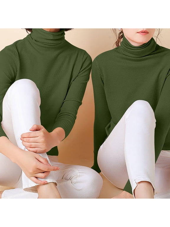 Women Turtleneck Long Sleeve Knit Top Soft Cotton Pullover Slim Fit Basic Layering Shirt Solid Color 9 Colors Available Sizes S to XXL