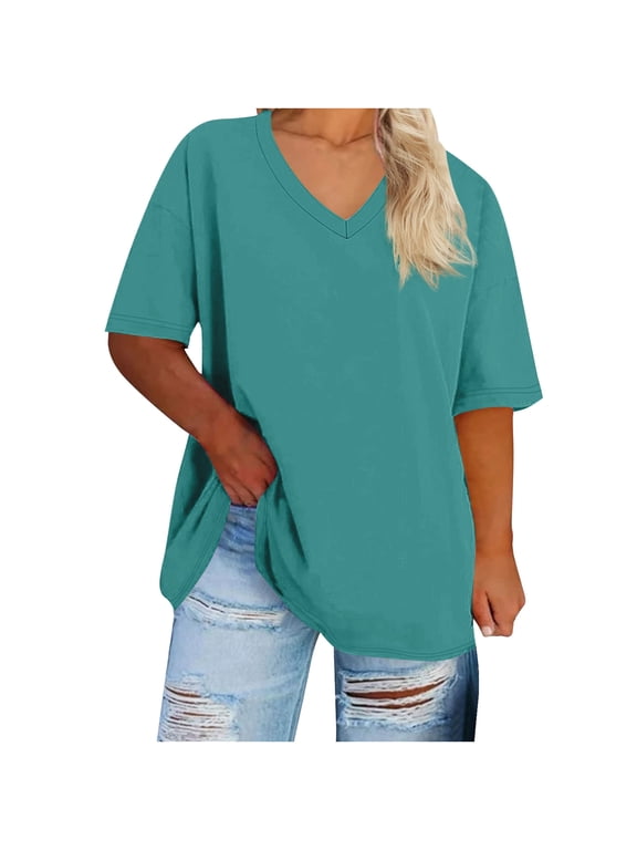 Women V Neck T Shirt Plus Size Loose Fit Short Sleeve Tunic Top with Side Split Hem Soft Stretch Summer Tee Solid Color 10 Colors Sizes S to 5XL