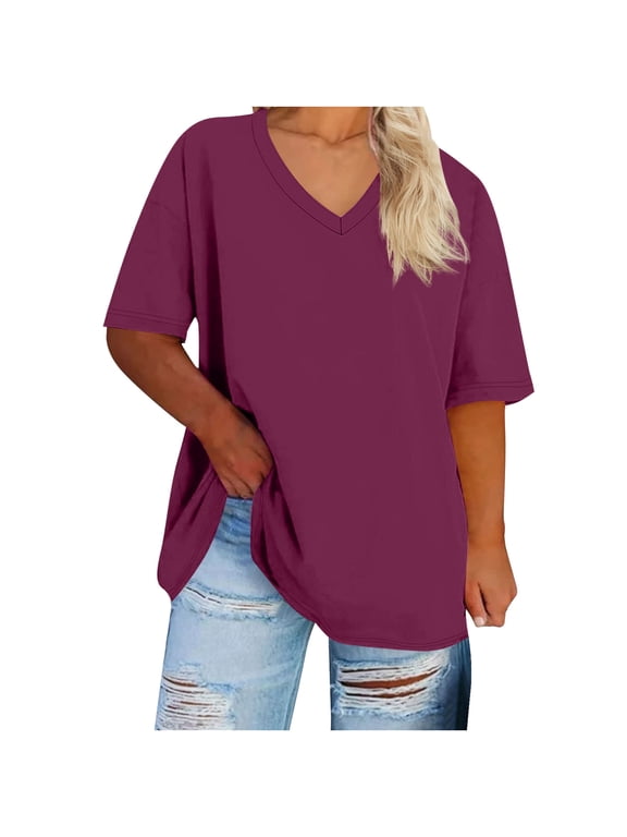 Women V Neck T Shirt Plus Size Loose Fit Short Sleeve Tunic Top with Side Split Hem Soft Stretch Summer Tee Solid Color 10 Colors Sizes S to 5XL