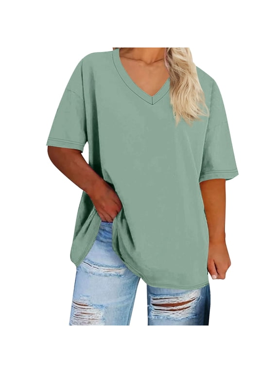 Women V Neck T Shirt Plus Size Loose Fit Short Sleeve Tunic Top with Side Split Hem Soft Stretch Summer Tee Solid Color 10 Colors Sizes S to 5XL