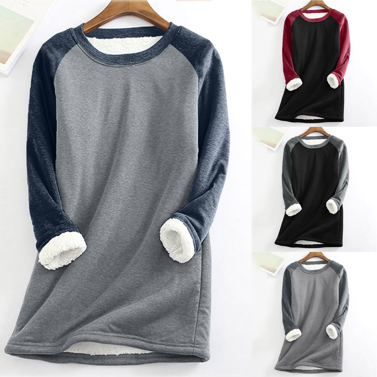 Sweet blue fleece-lined sweatshirt pullover long-sleeved top A49