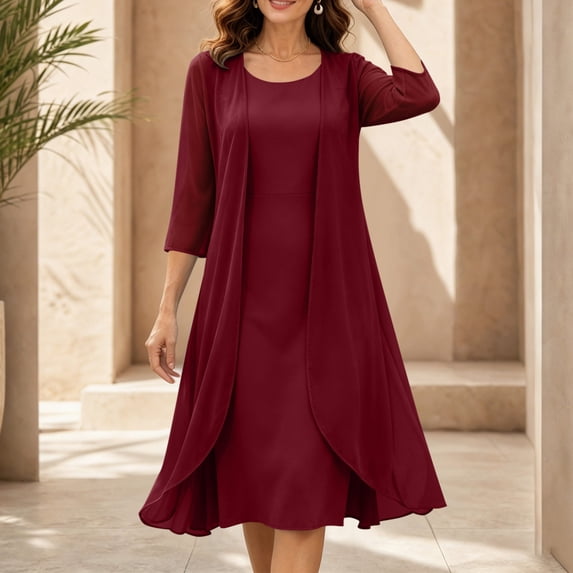 Wovilon Women's 2-Piece Chiffon Midi Dress Set with Open Front Cardigan and Sleeveless Round Neck Tank Dress, Elegant Layered Outfit for Vacation and Daily Wear