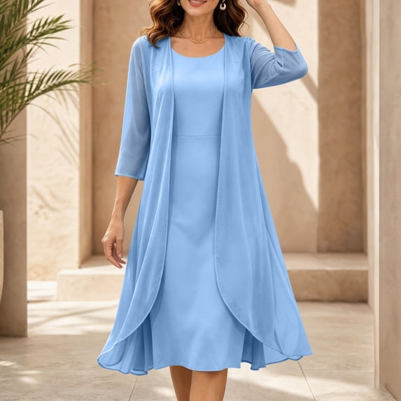 Wovilon Women's 2-Piece Chiffon Midi Dress Set with Open Front Cardigan and Sleeveless Round Neck Tank Dress, Elegant Layered Outfit for Vacation and Daily Wear