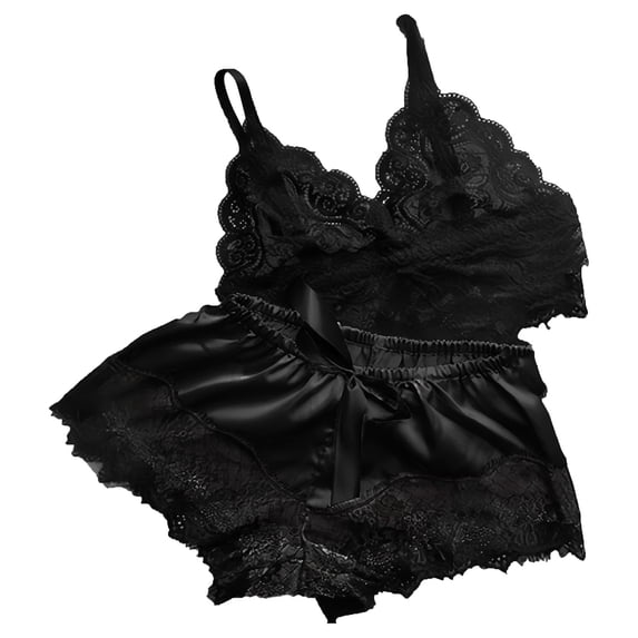 Wovilon Women's 2 Piece Lace Cami and Satin Shorts Set, Adjustable Spaghetti Strap Bra and Boy Shorts with Bow Detail, Sheer Mesh Trimmed Romantic Home Wear for Wedding Honeymoon