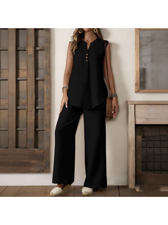 Women's 2-Piece Outfit Set Sleeveless Split Neck Button Top Wide Leg Pants Relaxed Fit Textured Cotton Linen Blend for Summer Vacation Beach Resort Wear