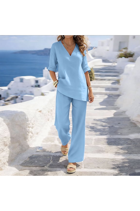 Women's 2 Piece Outfit Sets, Casual Summer V Neck Half Sleeve Top and Wide Leg Pants Set, Cotton Linen Blend Relaxed Lounge Suit with Pockets, Lightweight Vacation Everyday Wear