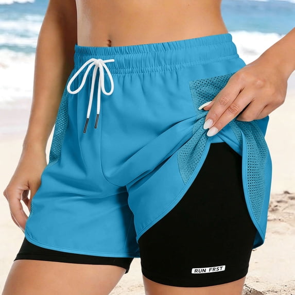 Wovilon Women's 2 in 1 Running Shorts with Mesh Overlay, Plus Size Double Layer Workout Bottoms, Quick Dry Drawstring Activewear for Summer Gym
