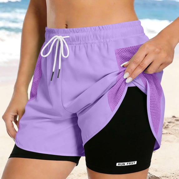 Wovilon Women's 2 in 1 Running Shorts with Mesh Overlay, Plus Size Double Layer Workout Bottoms, Quick Dry Drawstring Activewear for Summer Gym