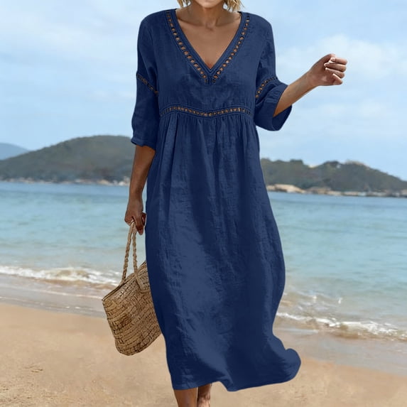 Wovilon Women's 3/4 Sleeve V-Neck Midi Dress with Eyelet Trim, Cotton Linen Relaxed Fit Casual Summer Dress for Vacation and Daily Wear