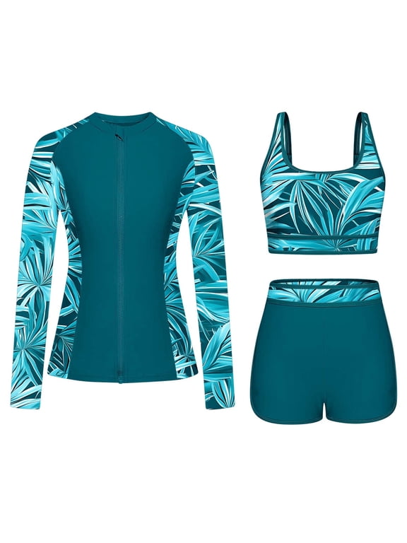 Women's 3-Piece Long Sleeve Rash Guard Swimsuit Set with Tropical Print and Zip Front, Sporty Surfing Bathing Suit with High Waist Shorts and Built-In Sports Bra
