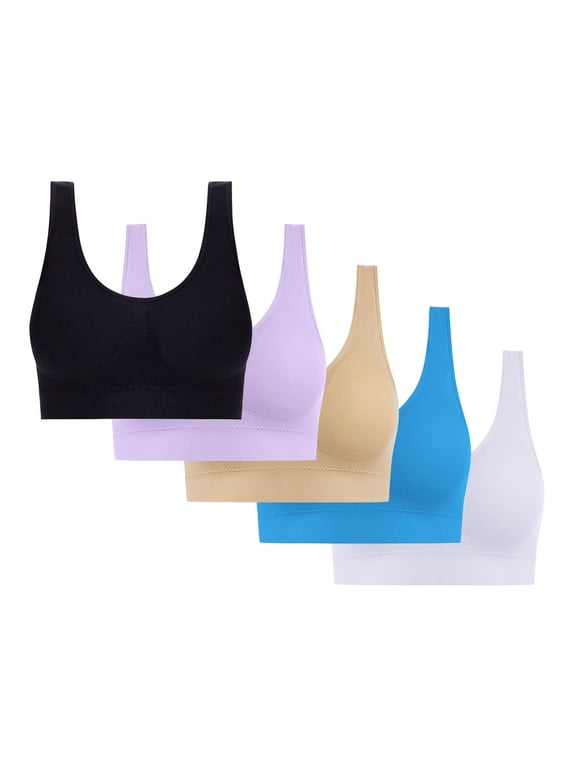 Women's 5 Pack Wireless Seamless Pullover Bra with Wide Straps and U Neckline, Soft Stretch Comfort Bralette for Everyday Wear and Casual Wear