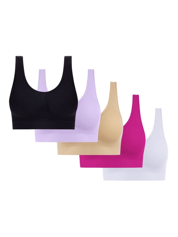 Women's 5 Pack Wireless Seamless Pullover Bra with Wide Straps and U Neckline, Soft Stretch Comfort Bralette for Everyday Wear and Casual Wear
