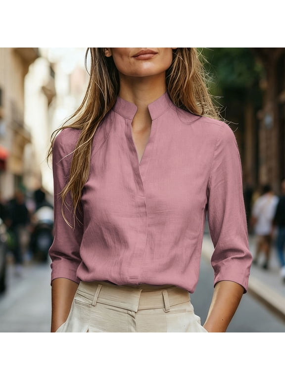 Women's Band Collar 3/4 Sleeve Blouse with Notched V-Neck Opening and Clean Minimalist Design, Relaxed Fit Soft Polyester Casual Office Top for Summer Workdays