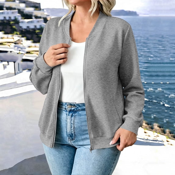Women's Bomber Jacket, Zip-up Casual Coat, Ribbed Collar Outerwear, Spring Fall Lightweight Jacket, Sporty Baseball Style Top, Long Sleeve Track Jacket with Pockets.