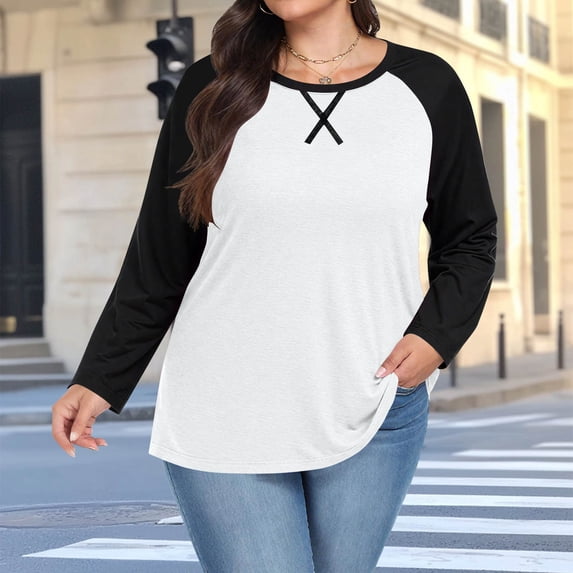 Wovilon Women's Casual Raglan Sleeve Top, Contrast Color Baseball Tee with Stitched X Neck Detail, Relaxed Fit Long Sleeve Shirt for Spring and Fall Everyday Wear
