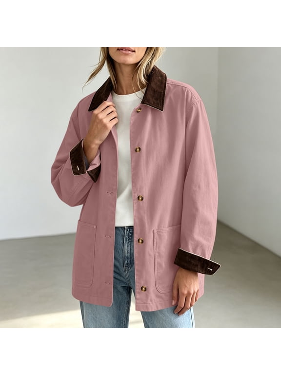Women's Chore Jacket Corduroy Collar Button Front Long Sleeve Workwear Coat with Patch Pockets Casual Barn Jacket Outerwear