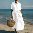 thumbnail image 1 of Wovilon Women's Collared Button Down Pleated Shirt Dress, Cotton Linen Short Sleeve Loose Fit Midi Maxi Dress for Summer Vacation Daily Wear, 1 of 6