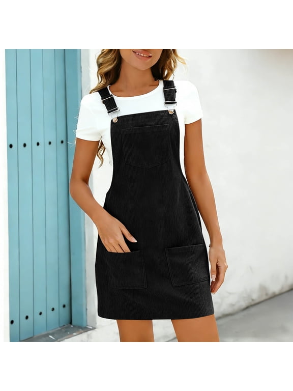 Women's Corduroy Overall Dress, Adjustable Strap Pinafore Mini Dress with Multiple Pockets, Solid Color Casual Jumper Dress