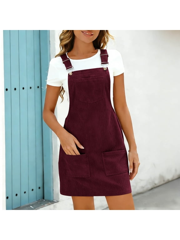 Women's Corduroy Overall Dress, Adjustable Strap Pinafore Mini Dress with Multiple Pockets, Solid Color Casual Jumper Dress