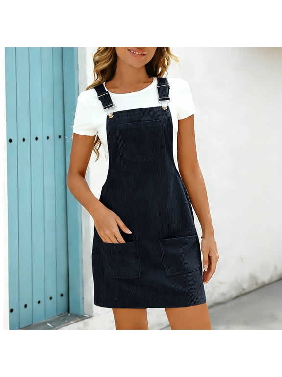 Women's Corduroy Overall Dress, Adjustable Strap Pinafore Mini Dress with Multiple Pockets, Solid Color Casual Jumper Dress