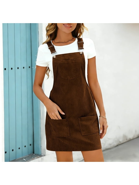 Women's Corduroy Overall Dress, Adjustable Strap Pinafore Mini Dress with Multiple Pockets, Solid Color Casual Jumper Dress